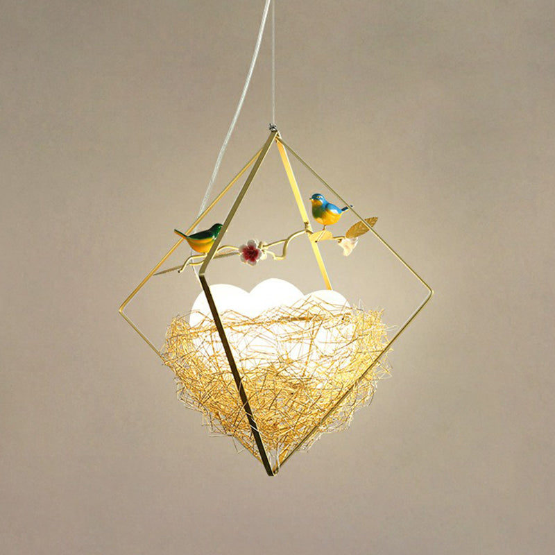 Birds Nest Chandelier Nordic Metal 3-Light Beige Hanging Light with Rhombus Frame and Egg Shade