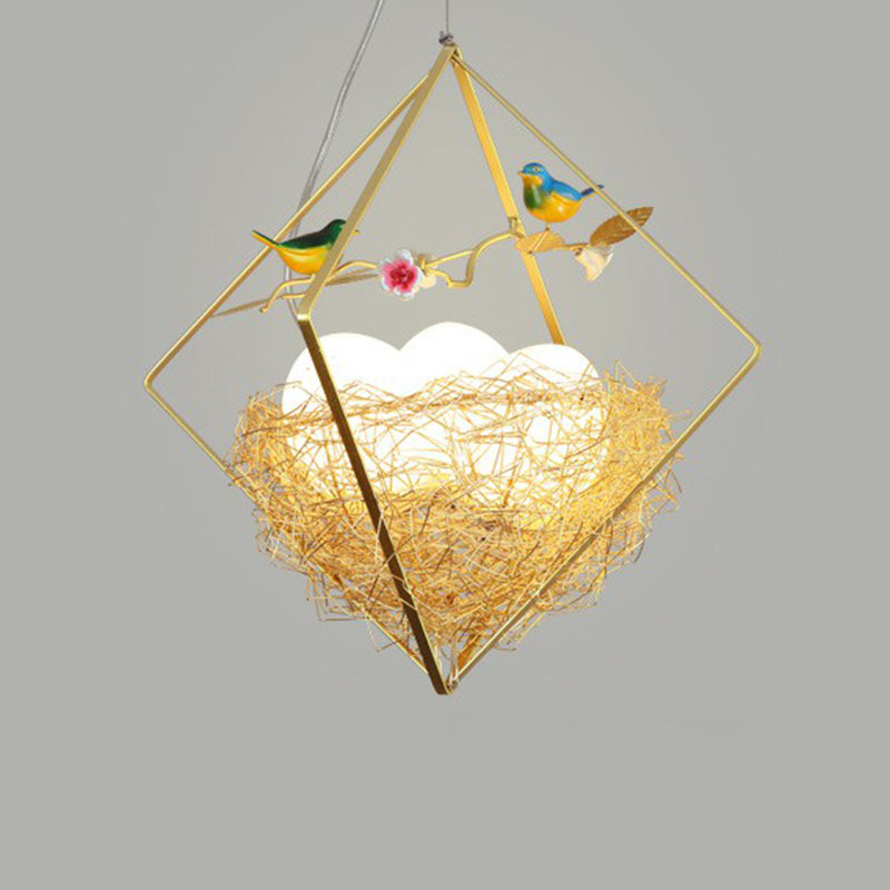 Birds Nest Chandelier Nordic Metal 3-Light Beige Hanging Light with Rhombus Frame and Egg Shade