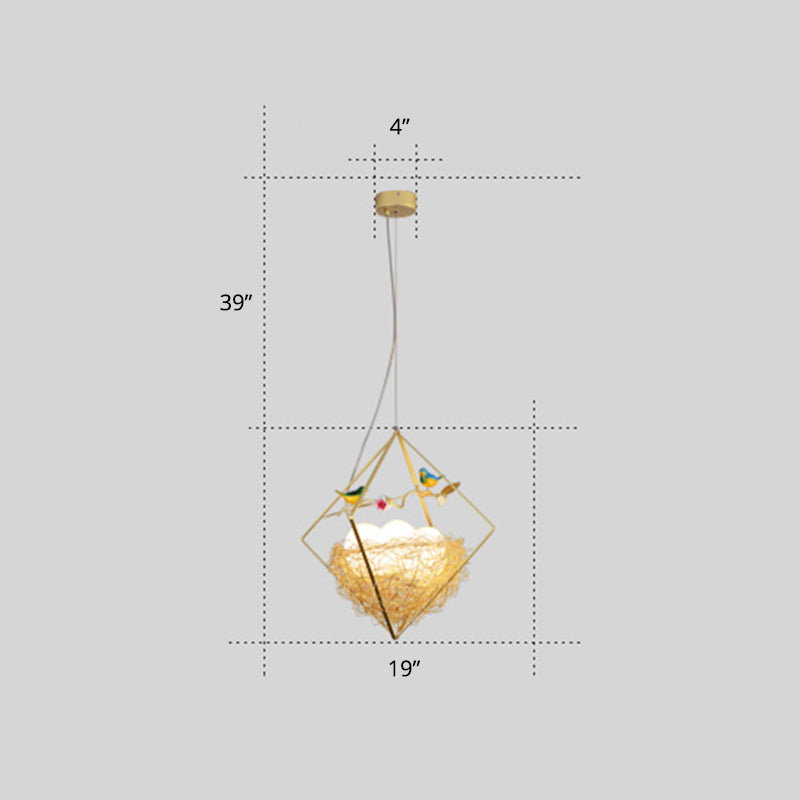 Birds Nest Chandelier Nordic Metal 3-Light Beige Hanging Light with Rhombus Frame and Egg Shade