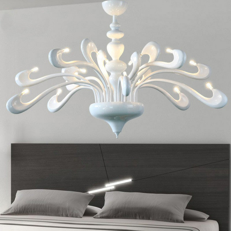 Swan Living Room Chandelier Metallic 12 Bulbs Minimalist Hanging Light Fixture in White