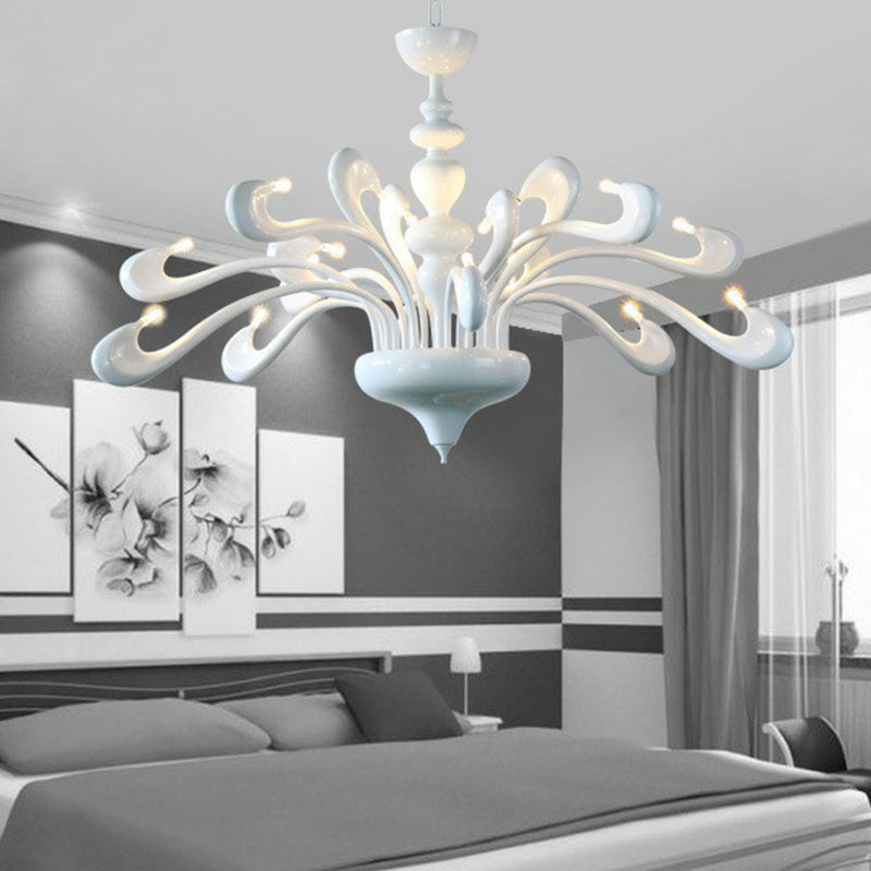 Swan Living Room Chandelier Metallic 12 Bulbs Minimalist Hanging Light Fixture in White