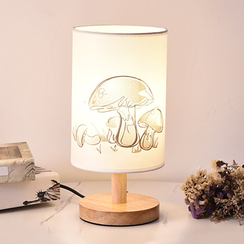 Lampada da comodino cilindrica in tessuto stampato a 1 luce da comodino minimalista in bianco
