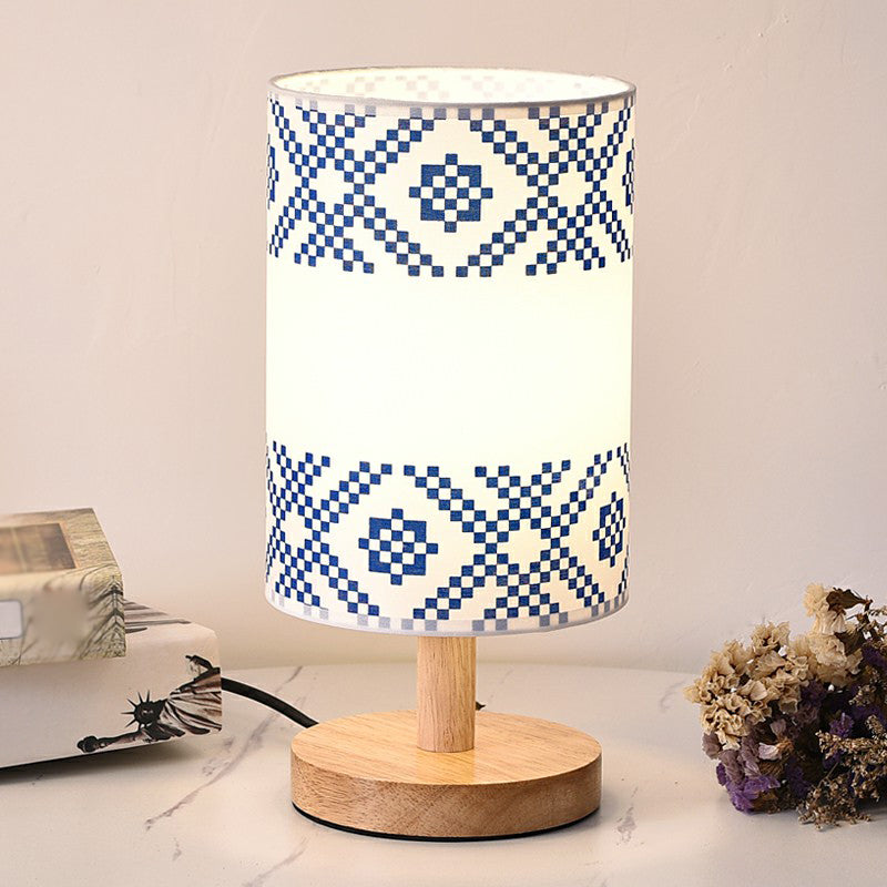 Lampada da comodino cilindrica in tessuto stampato a 1 luce da comodino minimalista in bianco