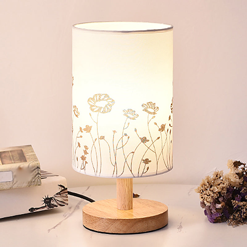 Lampada da comodino cilindrica in tessuto stampato a 1 luce da comodino minimalista in bianco