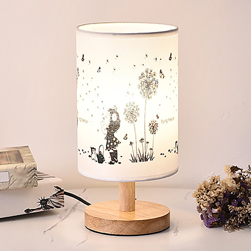 Lampada da comodino cilindrica in tessuto stampato a 1 luce da comodino minimalista in bianco