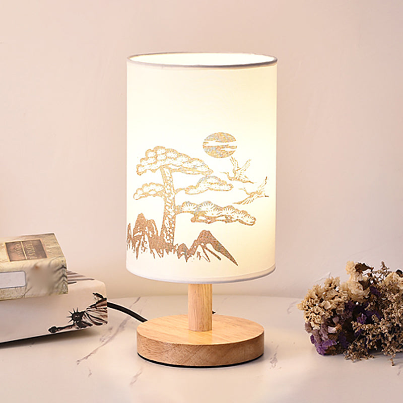 Lampada da comodino cilindrica in tessuto stampato a 1 luce da comodino minimalista in bianco