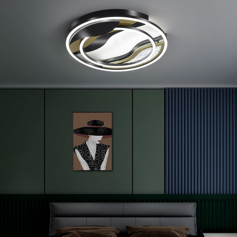 Black-Gold Loop Flush Mount Lamp Postmodern LED Metal Flushmount Lighting for Bedroom