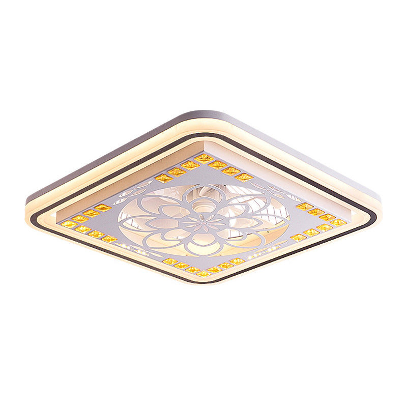 19,5 "W ausgehöhlte quadratische Semi-Flush-Licht moderne Kristallschlafzimmer Fernsteuerlüfter Lampe in Weiß