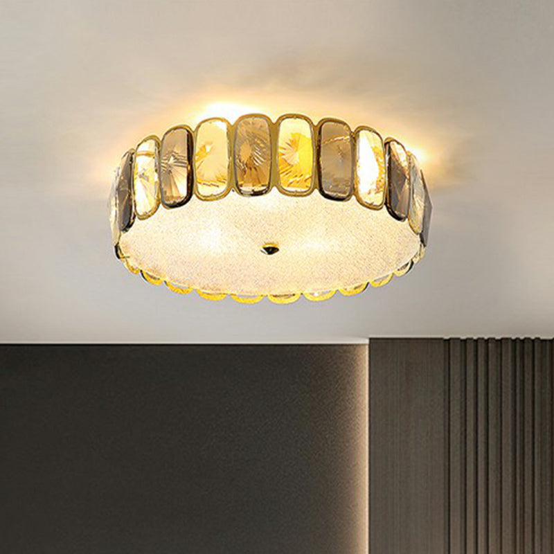 Postmodern Drum Ceiling Flush Light Fixture Smoky and Amber Crystal Living Room LED Flush Mount in Brass
