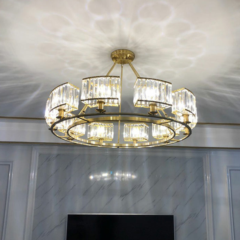 Gold Finish Circular Up Chandelier Minimalist Crystal Block Ceiling Suspension Lamp for Living Room