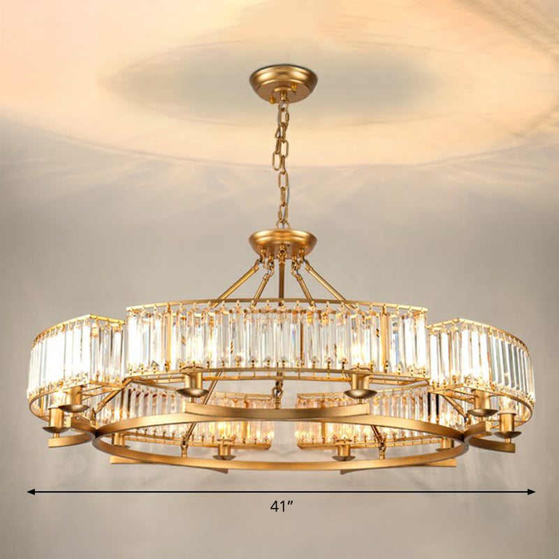 Gold Finish Circular Up Chandelier Minimalist Crystal Block Ceiling Suspension Lamp for Living Room
