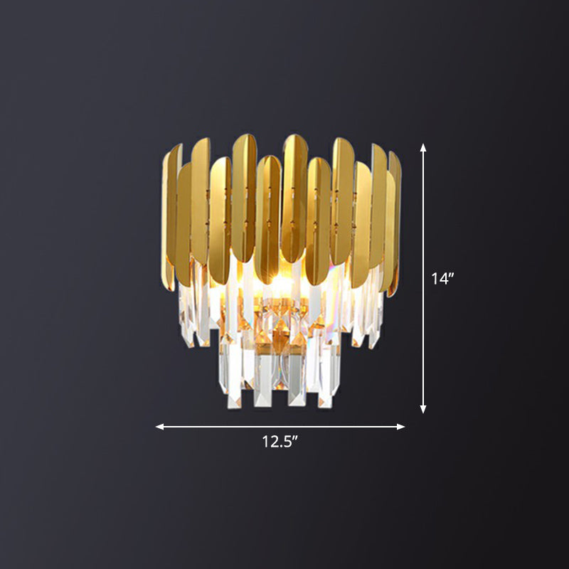 Brass Tiered Flush Wall Sconce Postmodern 3 Lights Crystal Wall Lighting for Bedroom