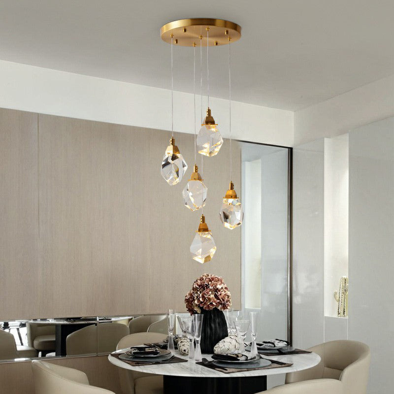 Crystal Gem Cluster Pendant Light Minimalistic Brass LED Pendulum Light for Staircase