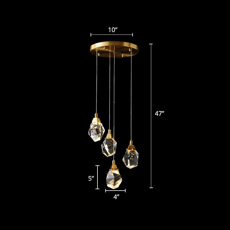 Crystal Gem Cluster Pendant Light Minimalistic Brass LED Pendulum Light for Staircase