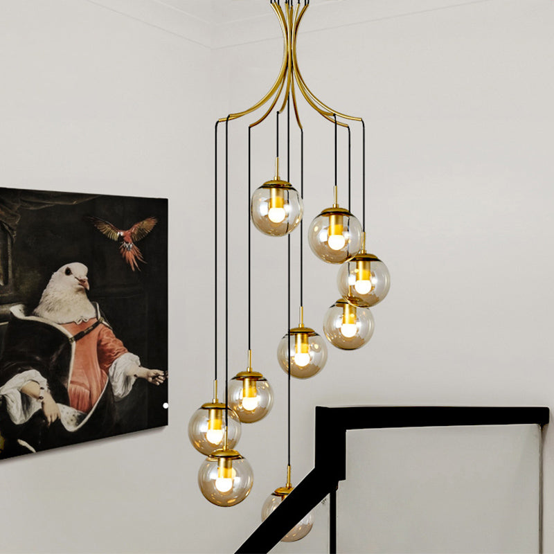 Cognac Glass Ball Pendant Lighting Postmodern Gold Multi Hanging Light Fixture for Villa