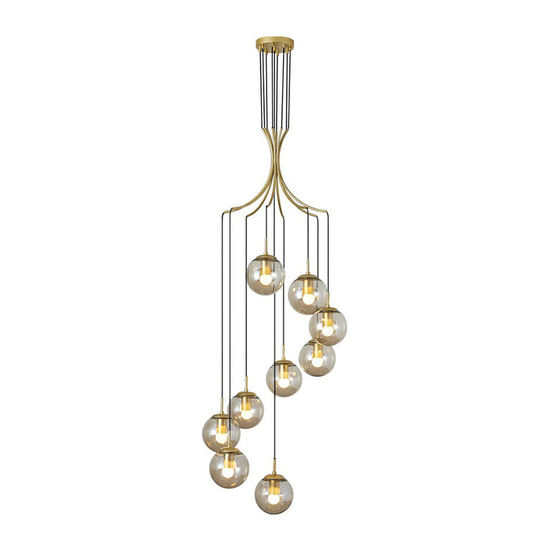 Cognac Glass Ball Pendant Lighting Postmodern Gold Multi Hanging Light Fixture for Villa