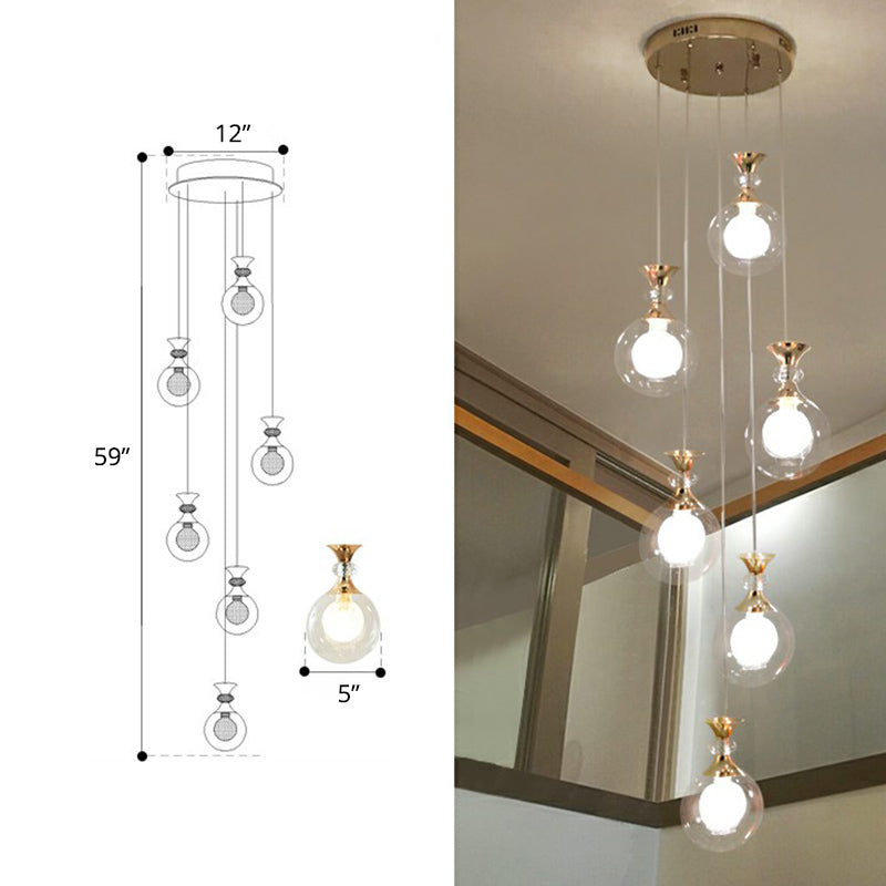 Lampada a soffitto a sfera di vetro trasparente e glassata ciondolo multiluntra oro minimalista per l'appartamento