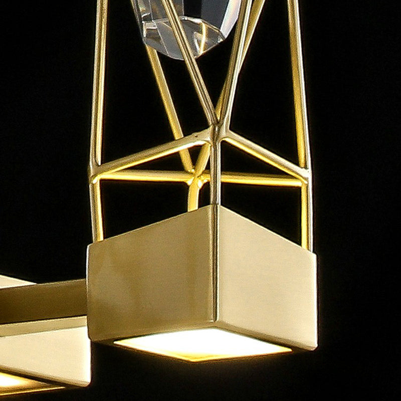 Brass Caged Sconce Lamp Postmodern Metal Wall Light Fixture with Crystal Rock Deco