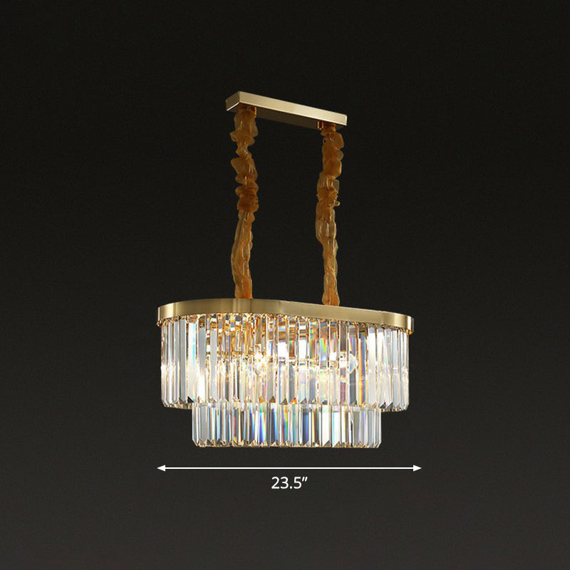 Postmodern Oblong Island Light Clear Crystal Rod Dining Room Pendant Light in Brass