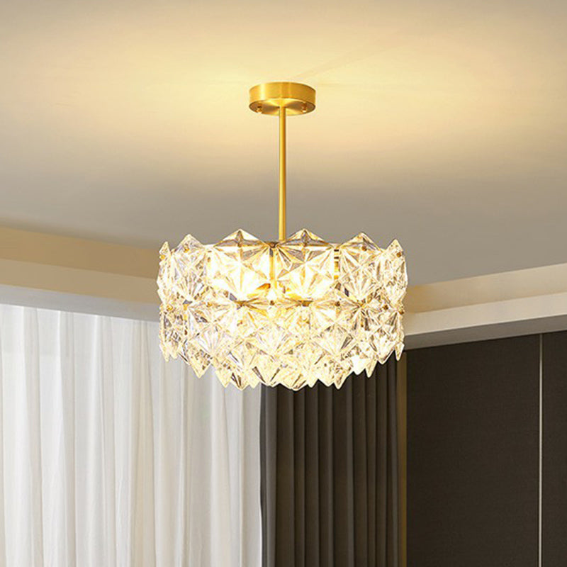 Hexagonal Dining Room Hanging Lamp Carved Crystal Modernist Chandelier Light Fixture in Gold