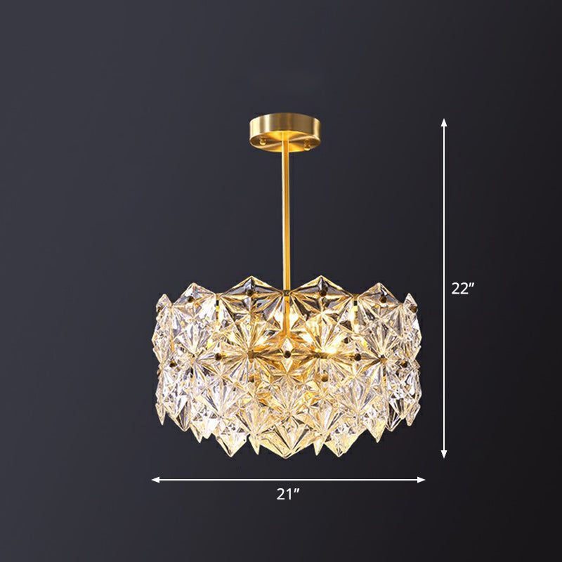 Hexagonal Dining Room Hanging Lamp Carved Crystal Modernist Chandelier Light Fixture in Gold