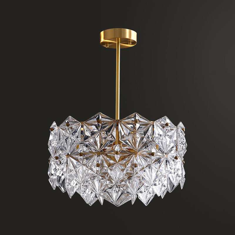 Hexagonal Dining Room Hanging Lamp Carved Crystal Modernist Chandelier Light Fixture in Gold