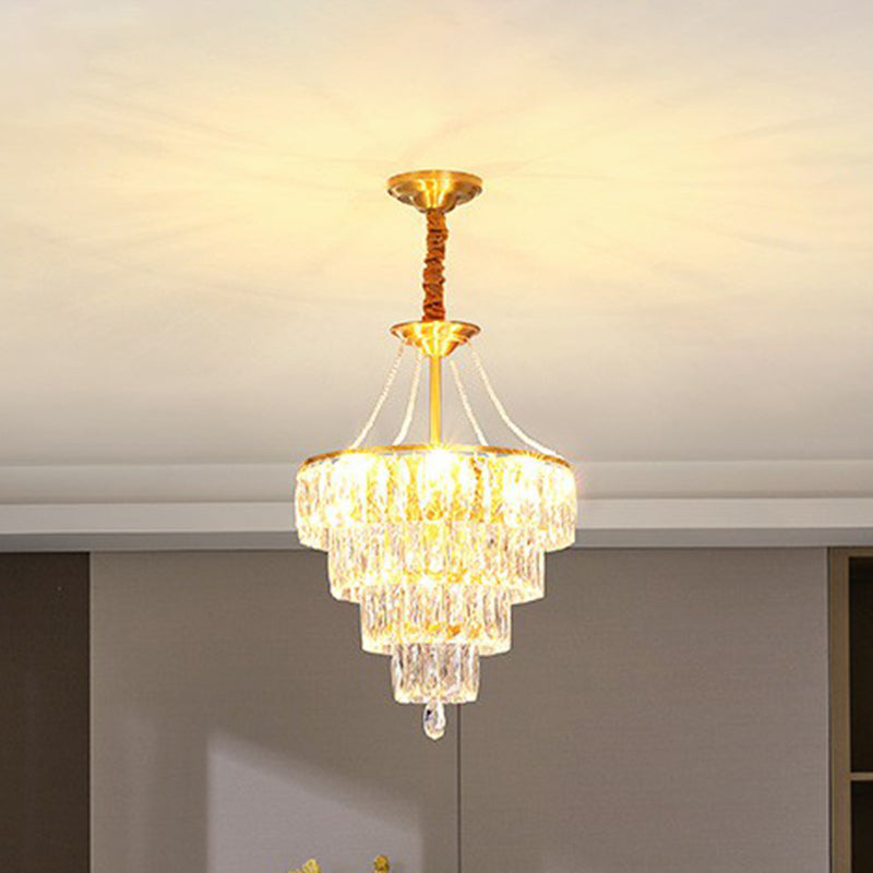 Minimalistische luxuriöse konische Suspension Lichtkristall 6 Lichter Schlafzimmer Kronleuchter in Gold