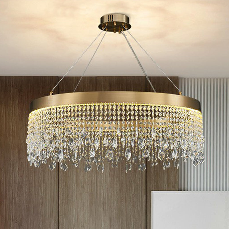 Stainless Steel Ring Shaped Pendant Lamp Postmodern Gold LED Chandelier with Draping Crystals