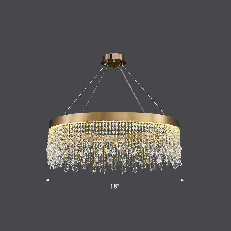 Stainless Steel Ring Shaped Pendant Lamp Postmodern Gold LED Chandelier with Draping Crystals