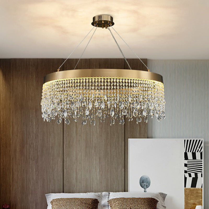 Stainless Steel Ring Shaped Pendant Lamp Postmodern Gold LED Chandelier with Draping Crystals