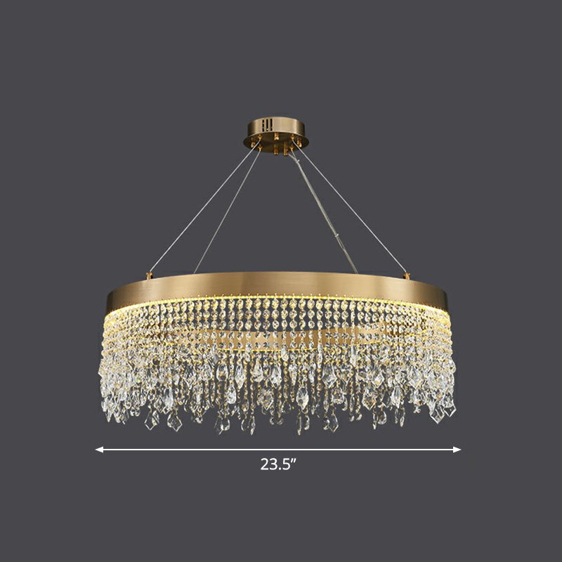 Stainless Steel Ring Shaped Pendant Lamp Postmodern Gold LED Chandelier with Draping Crystals