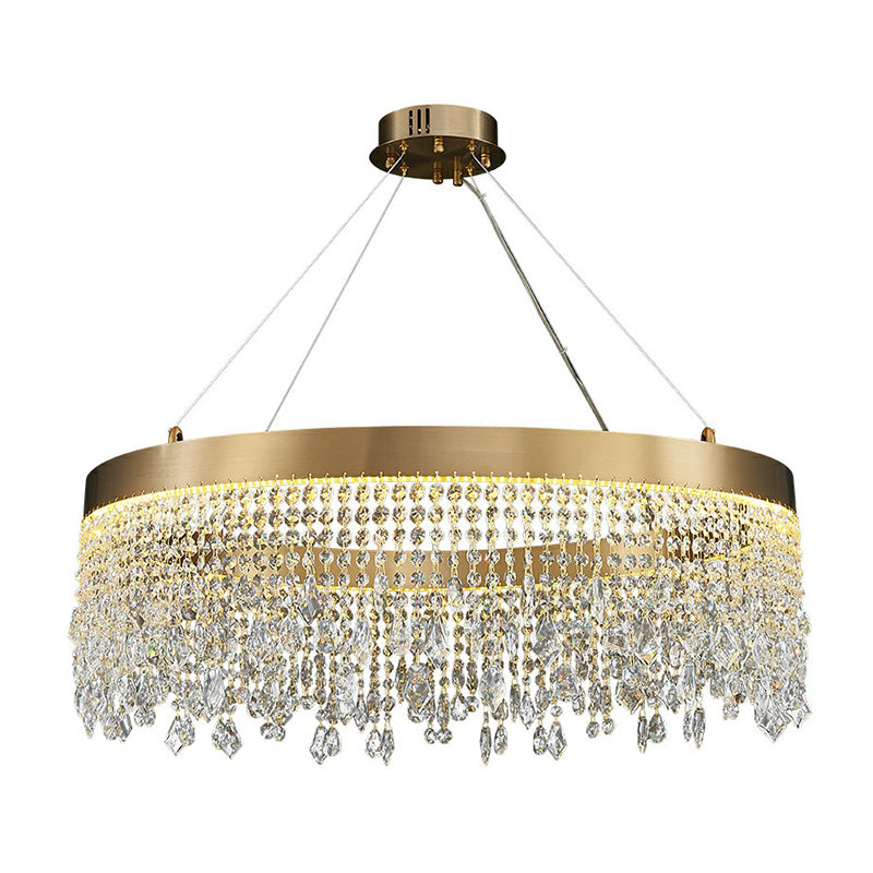 Stainless Steel Ring Shaped Pendant Lamp Postmodern Gold LED Chandelier with Draping Crystals