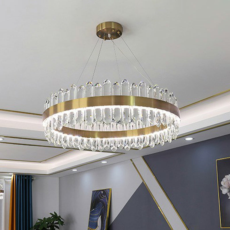 Gold Finish Halo Chandelier Pendant Minimalist K9 Crystal Icicle LED Hanging Light Fixture
