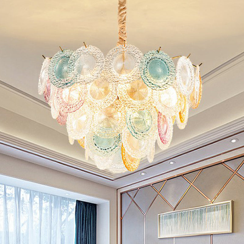 Multi-Colored Glass Discs Chandelier Modern Stylish 10-Light Pendant Ceiling Light for Bedroom