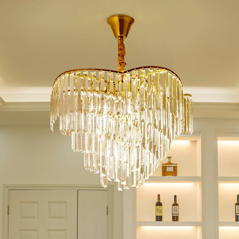 Finitura oro sospensione conica leggero lampadario cristallino prismatico per soggiorno