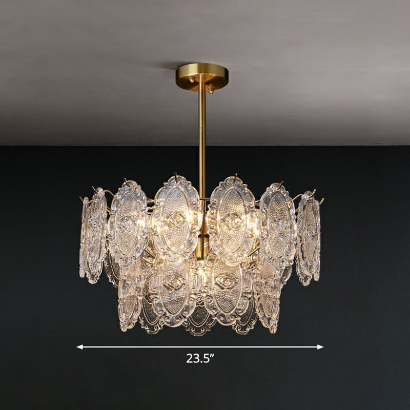 Carved Glass Tiered Pendant Lighting Postmodern Gold Finish Chandelier for Dining Room