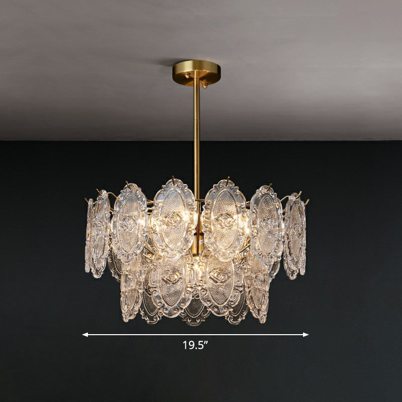 Carved Glass Tiered Pendant Lighting Postmodern Gold Finish Chandelier for Dining Room