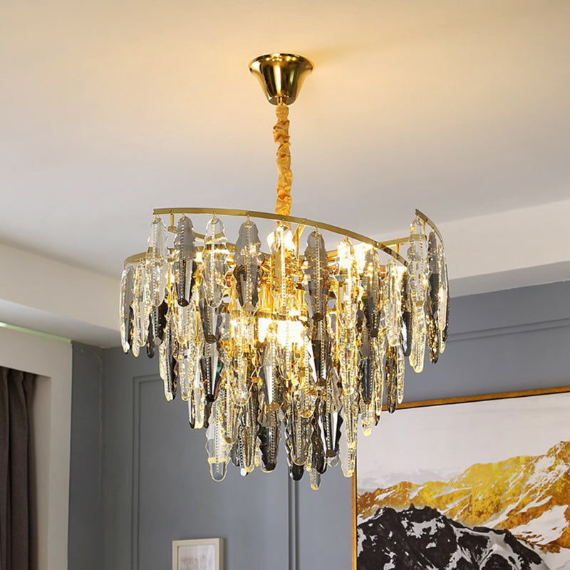 Postmodern Leaf Shaped Chandelier Smoke Grey Crystal 10-Light Living Room Suspension Light