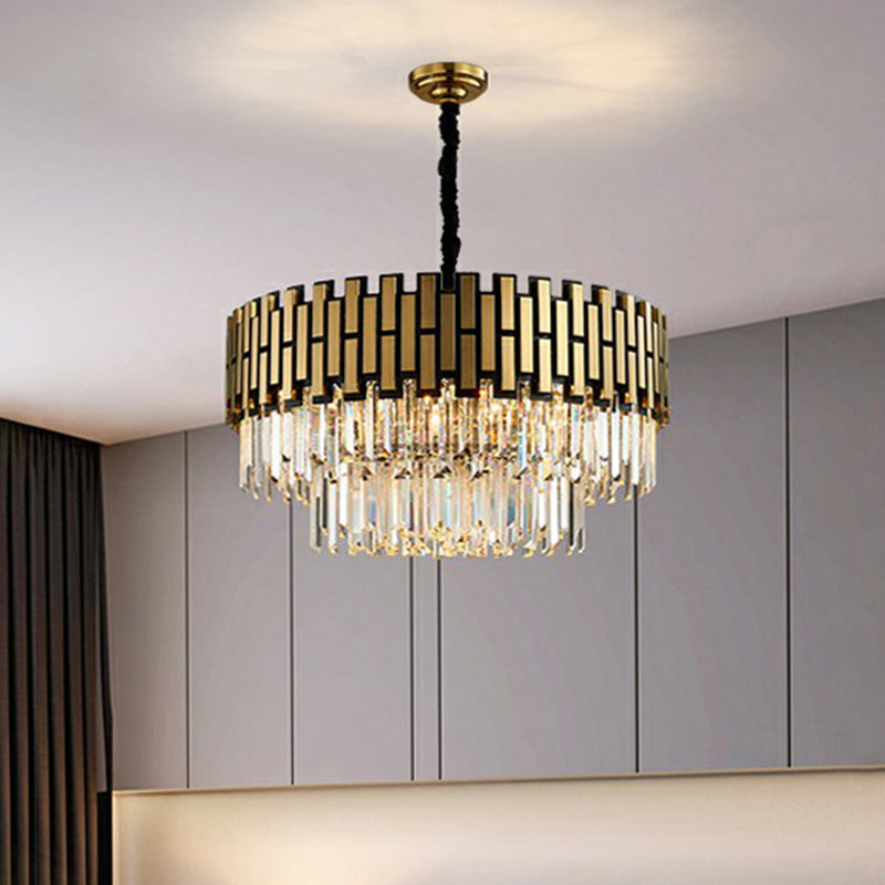 Gold Finish Round Hanging Ceiling Light Postmodern Crystal Rods Chandelier Pendant for Living Room