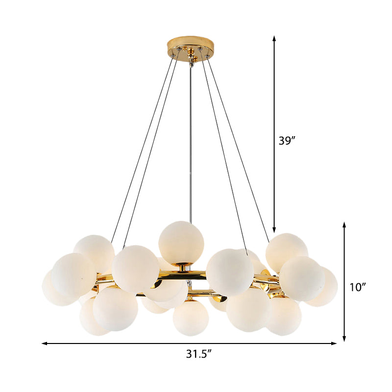 Lámpara de lámpara de pelota de vidrio de ópalo poste moderno 25 luces doradas colgante colgante de colgante