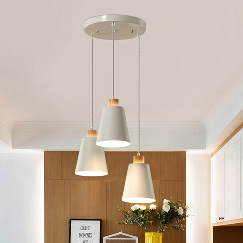 Contemporary Bucket Shade Pendant Lamp Metallic White Finish Hanging Light with Round/Linear Canopy for Hallway