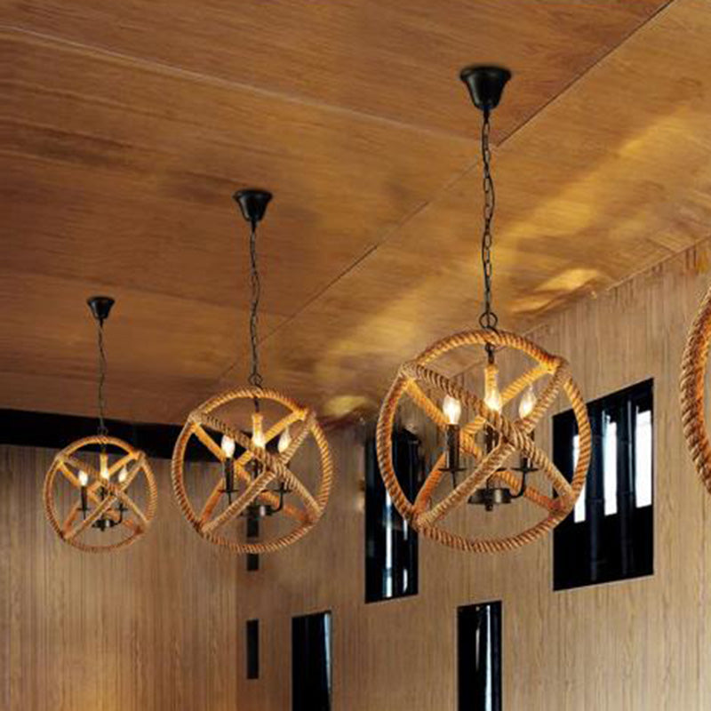 Hemp Rope Yellow Chandelier Light Orbit Globe 3-Light 14"/16.5"/20.5" Wide Farmhouse Pendant Lighting Fixture
