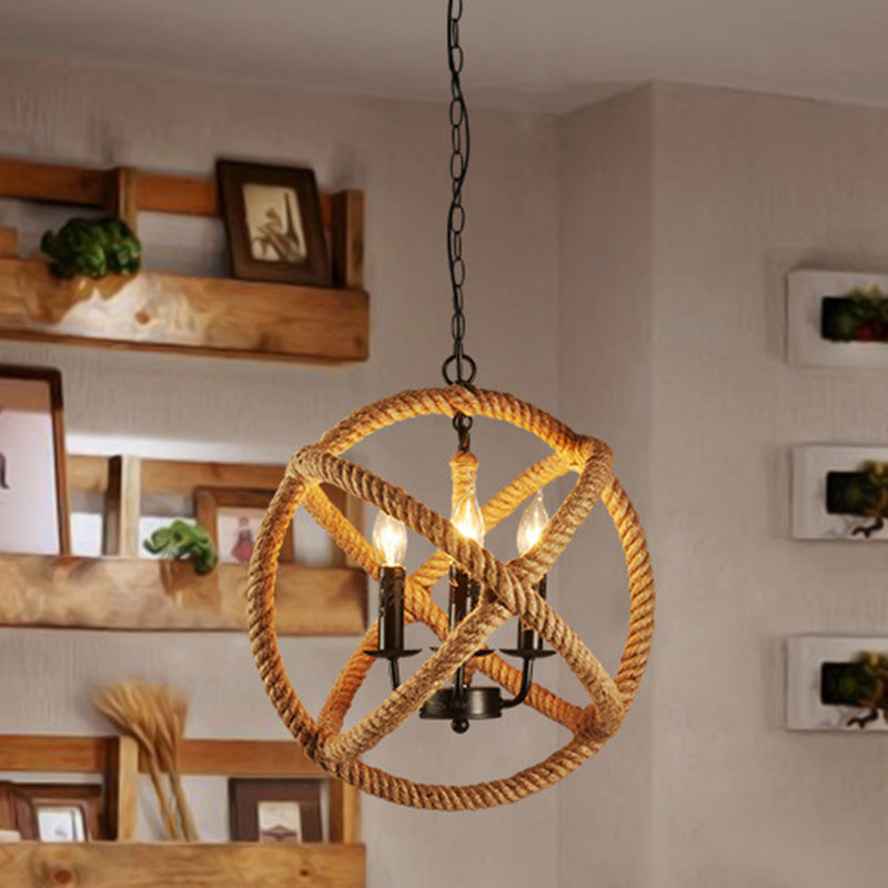 Hemp Rope Yellow Chandelier Light Orbit Globe 3-Light 14"/16.5"/20.5" Wide Farmhouse Pendant Lighting Fixture