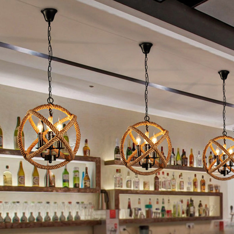 Hemp Rope Yellow Chandelier Light Orbit Globe 3-Light 14"/16.5"/20.5" Wide Farmhouse Pendant Lighting Fixture