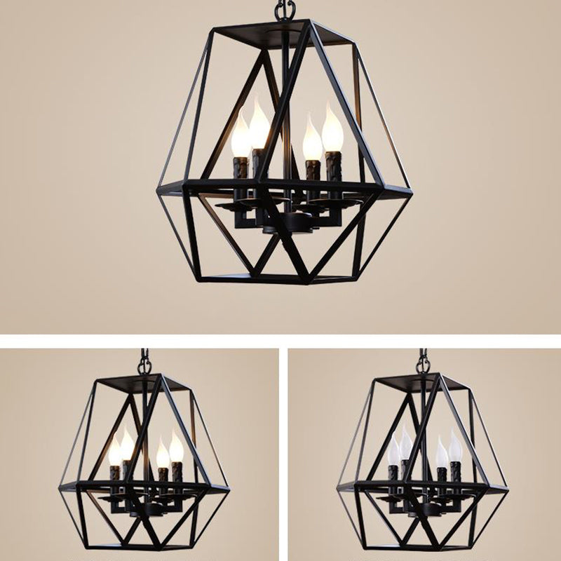 Black Geometric Chandelier Lamp Traditional Metal 3/4 Light Living Room Hanging Light