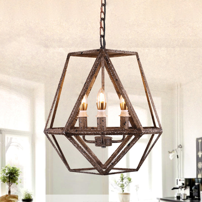 Rust Geometric Pendant Lighting Classic Metal 3 Lights Dining Room Chandelier with Candle Shade
