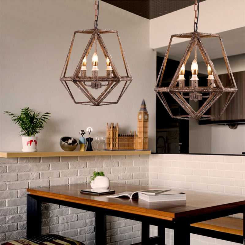 Rust Geometric Pendant Lighting Classic Metal 3 Lights Dining Room Chandelier with Candle Shade