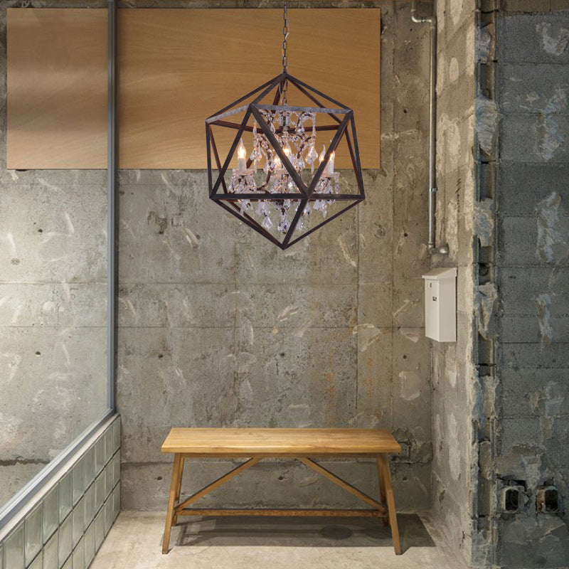 6 Bulbs Geometric Chandelier Light Traditional Rust Metal Hanging Ceiling Fixture with Clear Crystal Drop