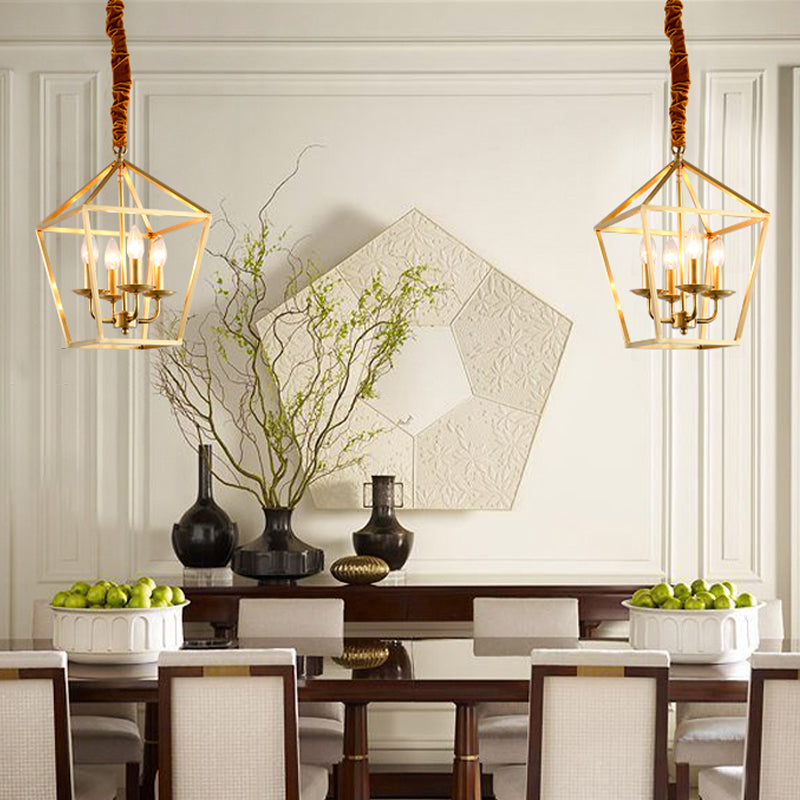 4 Bulbs Ceiling Lamp with Geometric Shade Metal Traditional Dining Room Chandelier Pendant Light in Gold