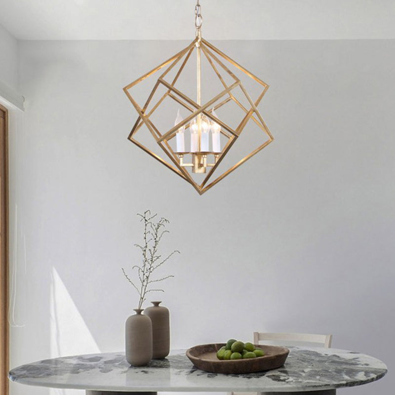 4 Lights Metal Pendant Chandelier Classic Gold Rhombus Living Room Hanging Ceiling Fixture with Candle Shade